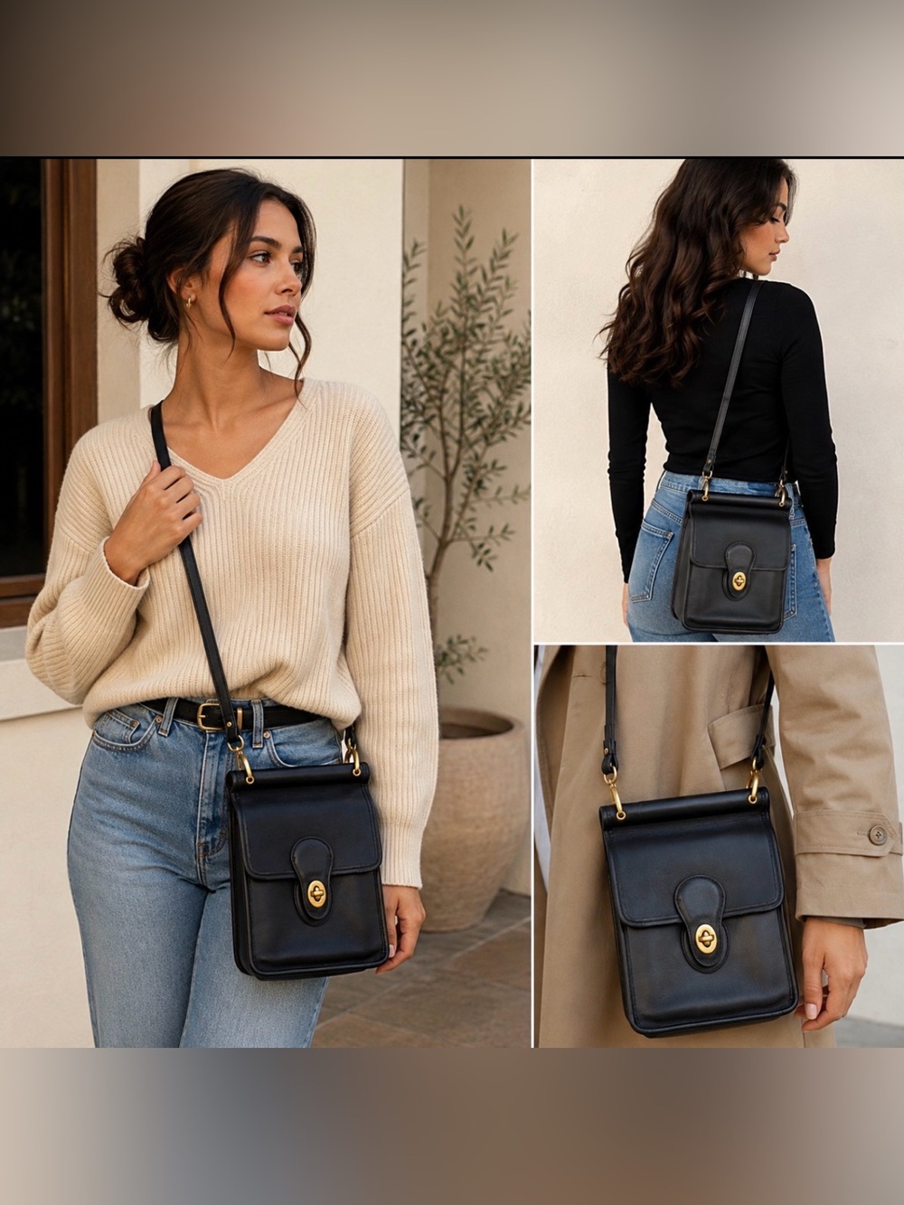 Coach Black Leather Crossbody with Gold Turn-Lock